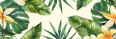 Papier peint  Beach cheerful seamless pattern wallpaper of tropical palm green leaves of palm trees and paradise (strelitzia) plumeria on a jungle leaves seamless vector watercolor pattern background