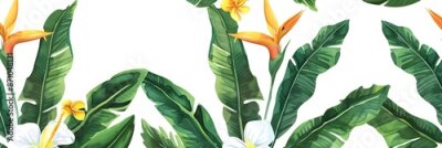 Papier peint  Beach cheerful seamless pattern wallpaper of tropical palm green leaves of palm trees and paradise (strelitzia) plumeria on a jungle leaves seamless vector watercolor pattern background
