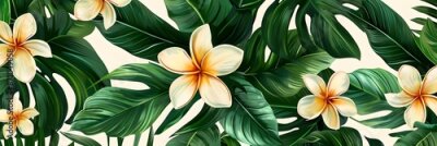 Papier peint  Beach cheerful seamless pattern wallpaper of tropical palm green leaves of palm trees and paradise (strelitzia) plumeria on a jungle leaves seamless vector watercolor pattern background