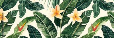Papier peint  Beach cheerful seamless pattern wallpaper of tropical palm green leaves of palm trees and paradise (strelitzia) plumeria on a jungle leaves seamless vector watercolor pattern background