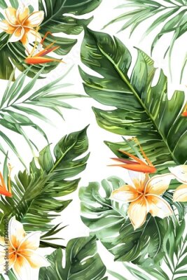 Papier peint  Beach cheerful seamless pattern wallpaper of tropical palm green leaves of palm trees and paradise (strelitzia) plumeria on a jungle leaves seamless vector watercolor pattern background