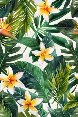 Papier peint  Beach cheerful seamless pattern wallpaper of tropical palm green leaves of palm trees and paradise (strelitzia) plumeria on a jungle leaves seamless vector watercolor pattern background