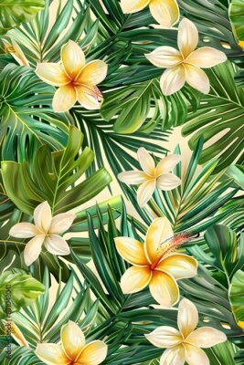 Papier peint  Beach cheerful seamless pattern wallpaper of tropical palm green leaves of palm trees and paradise (strelitzia) plumeria on a jungle leaves seamless vector watercolor pattern background