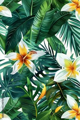 Papier peint  Beach cheerful seamless pattern wallpaper of tropical palm green leaves of palm trees and paradise (strelitzia) plumeria on a jungle leaves seamless vector watercolor pattern background