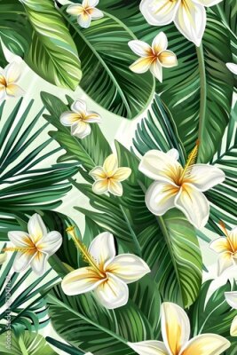 Papier peint  Beach cheerful seamless pattern wallpaper of tropical palm green leaves of palm trees and paradise (strelitzia) plumeria on a jungle leaves seamless vector watercolor pattern background