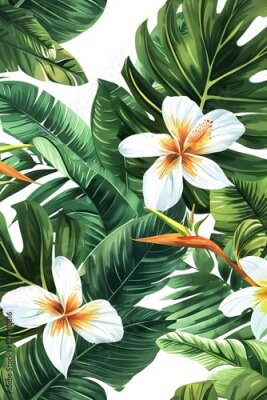 Papier peint  Beach cheerful seamless pattern wallpaper of tropical palm green leaves of palm trees and paradise (strelitzia) plumeria on a jungle leaves seamless vector watercolor pattern background
