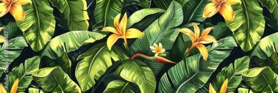 Papier peint  Beach cheerful seamless pattern wallpaper of tropical palm green leaves of palm trees and paradise (strelitzia) plumeria on a jungle leaves seamless vector watercolor pattern background
