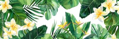 Papier peint  Beach cheerful seamless pattern wallpaper of tropical palm green leaves of palm trees and paradise (strelitzia) plumeria on a jungle leaves seamless vector watercolor pattern background
