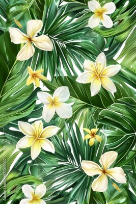 Papier peint  Beach cheerful seamless pattern wallpaper of tropical palm green leaves of palm trees and paradise (strelitzia) plumeria on a jungle leaves seamless vector watercolor pattern background
