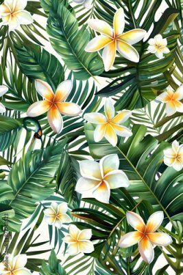 Papier peint  Beach cheerful seamless pattern wallpaper of tropical palm green leaves of palm trees and paradise (strelitzia) plumeria on a jungle leaves seamless vector watercolor pattern background
