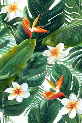 Papier peint  Beach cheerful seamless pattern wallpaper of tropical palm green leaves of palm trees and paradise (strelitzia) plumeria on a jungle leaves seamless vector watercolor pattern background
