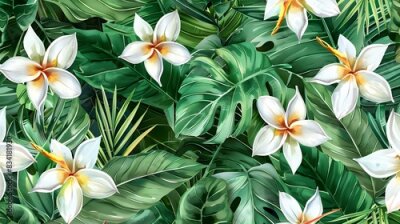 Papier peint  Beach cheerful seamless pattern wallpaper of tropical palm green leaves of palm trees and paradise (strelitzia) plumeria on a jungle leaves seamless vector watercolor pattern background
