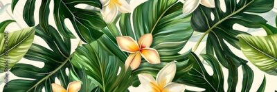 Papier peint  Beach cheerful seamless pattern wallpaper of tropical palm green leaves of palm trees and paradise (strelitzia) plumeria on a jungle leaves seamless vector watercolor pattern background
