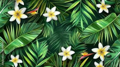 Papier peint  Beach cheerful seamless pattern wallpaper of tropical palm green leaves of palm trees and paradise (strelitzia) plumeria on a jungle leaves seamless vector watercolor pattern background
