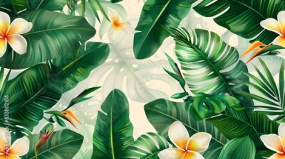 Papier peint  Beach cheerful seamless pattern wallpaper of tropical palm green leaves of palm trees and paradise (strelitzia) plumeria on a jungle leaves seamless vector watercolor pattern background

