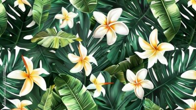 Papier peint  Beach cheerful seamless pattern wallpaper of tropical palm green leaves of palm trees and paradise (strelitzia) plumeria on a jungle leaves seamless vector watercolor pattern background
