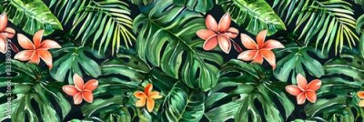 Papier peint  Beach cheerful seamless pattern wallpaper of tropical palm green leaves of palm trees and paradise (strelitzia) plumeria on a jungle leaves seamless vector watercolor pattern background
