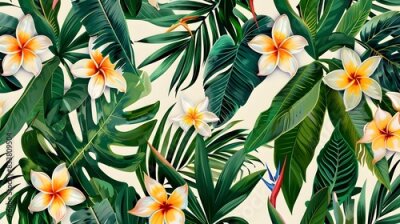 Papier peint  Beach cheerful seamless pattern wallpaper of tropical palm green leaves of palm trees and paradise (strelitzia) plumeria on a jungle leaves seamless vector watercolor pattern background
