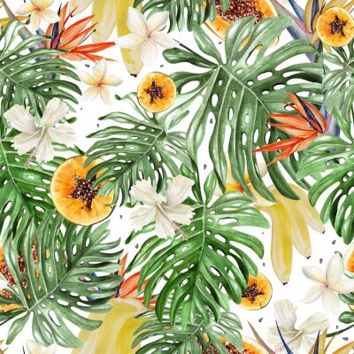 Papier peint  Beau modèle tropical aquarelle avec des fleurs d'hibiscus et strelitzia. Papaye et banane aux fruits tropicaux.
