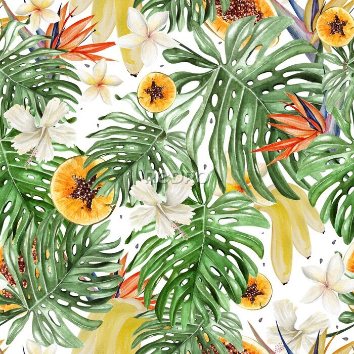 Papier peint  Beau modèle tropical aquarelle avec des fleurs d'hibiscus et strelitzia. Papaye et banane aux fruits tropicaux.