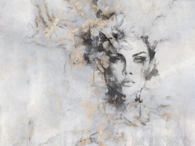 Papier peint  Beau portrait d'une femme sur du béton avec des éléments dorés