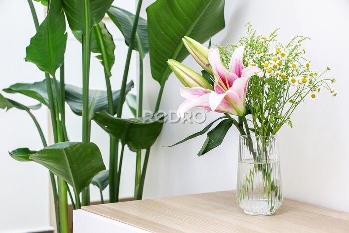 Papier peint  Beautiful bouquet of flowers (pink lilies along with small daisies) in glass vase on wooden surface besides a Giant White Bird of Paradise (Strelitzia nicolai), freshening and decorating home