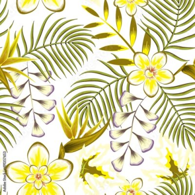 Papier peint  beautiful color summer tropical plant seamless pattern palm leaves, banana leaf and abstract frangipani, strelitzia flowers on light background with bright flowers drawing. fashionable prints texture