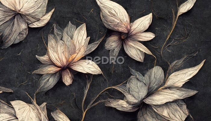 Papier peint  Beautiful dark abstract exotic flowers. Luxurious dark ink flowers and patterns.