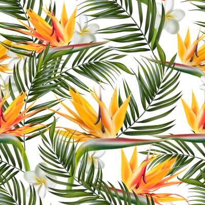 Papier peint  Beautiful digital seamless pattern with tropical leaves, plumeria flowers and strelitzia flowers.
