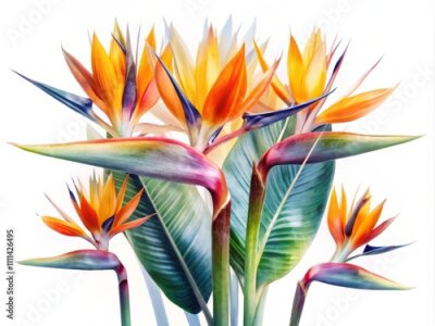 Papier peint  Beautiful Double Exposure of Strelitzia Reginae Flowers in a Tall Stalk Bunch, Ideal for Graphic Design Mockup Templates on a White Background