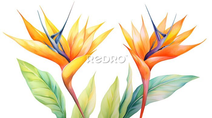 Papier peint  beautiful exotic tropical flowers and leaves. watercolor illustration.