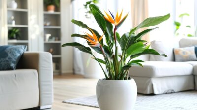 Papier peint  Beautiful flowering Strelitzia plants in a white ceramic large pot in the interior of a modern bright living room