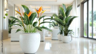 Papier peint  Beautiful flowering Strelitzia plants in a white ceramic large pot in the interior of a modern bright living room