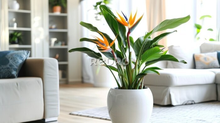 Papier peint  Beautiful flowering Strelitzia plants in a white ceramic large pot in the interior of a modern bright living room