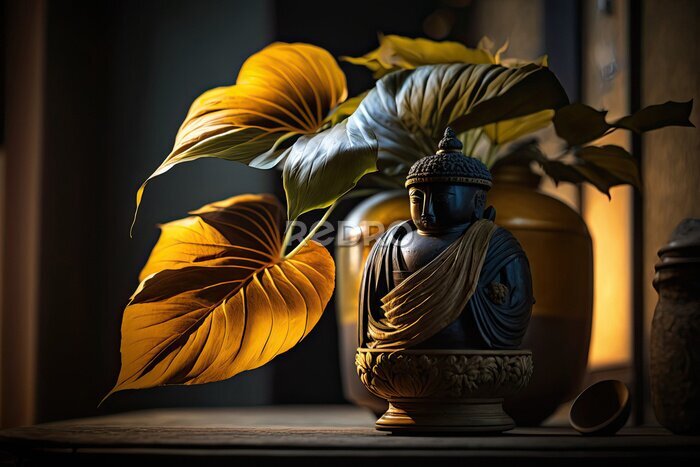Papier peint  Beautiful ikebana, small buddha statue at foreground. Strelitzia flowers warm colors, vivid colors. Generative AI
