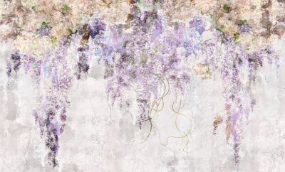 Papier peint  Beautiful lilac branches on the concrete grunge wall. Lilac flowers. Blooming lilac. Floral background in loft, modern style. Design for wall mural, card, postcard, wallpaper, photo wallpaper.