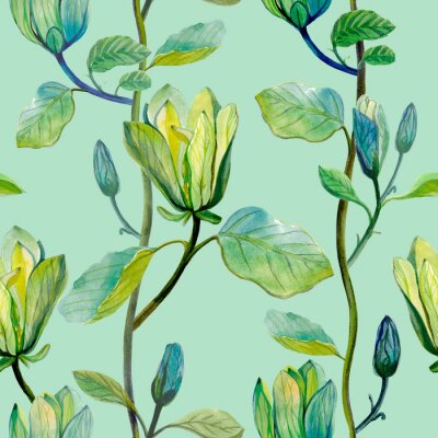 Beautiful magnolia flower tropical pattern. Seamless tropical pattern on  green mint background.