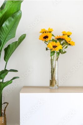Papier peint  Beautiful natural yellow sunflowers (Helianthus) on a wooden cabinet next to a Giant White Bird of Paradise Plant (Strelitzia nicolai), decorating home
