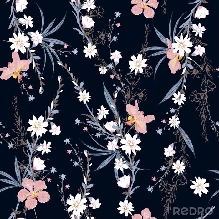 Papier peint  Beautiful  seamless pattern of garden many kind of botanical plants,flowers,orchid ,floral design for fashion,fabric,wallpaper,web and all prints