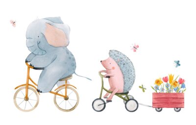 Papier peint  Beautiful stock illustration with watercolor hand drawn cute animals on transport.