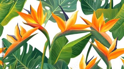 Papier peint  Beautiful Strelitzia flowers with leaves, seamless pattern on a clean white background