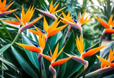 Papier peint  Beautiful tropical flower Strelitzia reginae in the garden. Bird of paradise outdoor. An evergreen perennial, it is widely cultivated for its dramatic