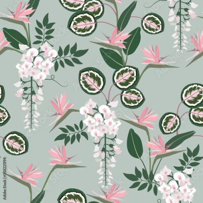 Papier peint  Beautiful tropical strelitzia, wisteria and leaves on a gray background. Seamless vector illustration.