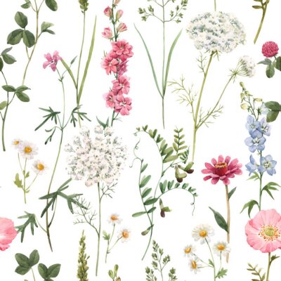 Papier peint à motif  Beautiful vector floral summer seamless pattern with watercolor hand drawn field wild flowers. Stock illustration.