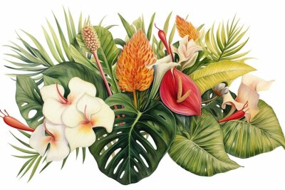 Papier peint  Beautiful watercolor artwork with tropical plants like monstera, hibiscus, calla lily, and strelitzia on a white background. Detailed botanical illustration. Generative AI