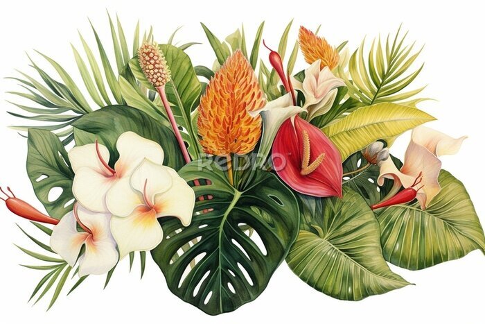 Papier peint  Beautiful watercolor artwork with tropical plants like monstera, hibiscus, calla lily, and strelitzia on a white background. Detailed botanical illustration. Generative AI