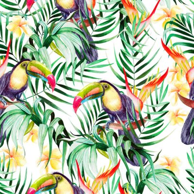 Papier peint  Beautiful watercolor seamless pattern with tropical leaves and bird tukan, hibiscus flowers and strelitzia. 