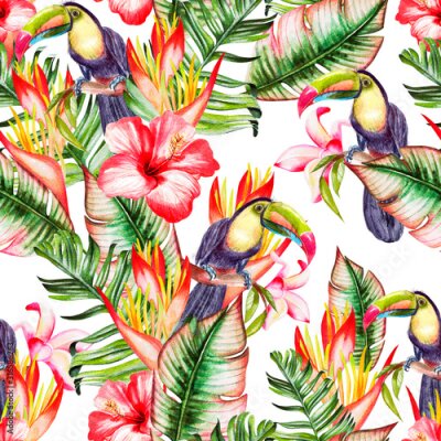 Papier peint  Beautiful watercolor seamless pattern with tropical leaves and bird tukan, hibiscus flowers and strelitzia. 