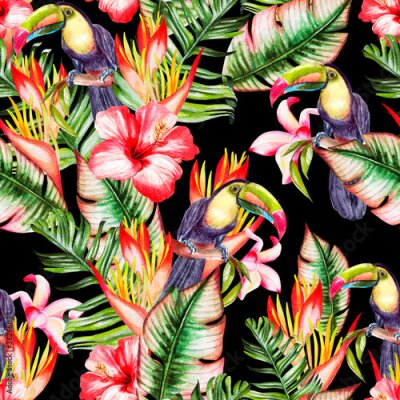 Papier peint  Beautiful watercolor seamless pattern with tropical leaves and bird tukan, hibiscus flowers and strelitzia. 