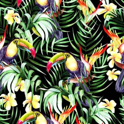 Papier peint  Beautiful watercolor seamless pattern with tropical leaves and bird tukan, hibiscus flowers and strelitzia.  Illustration